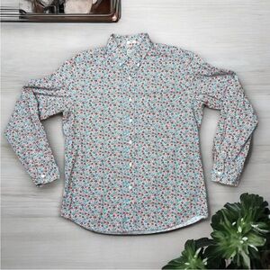 J Crew Shirt Mens Large Blue Red Floral Secret Wash Slim Fit Button Up Stretch